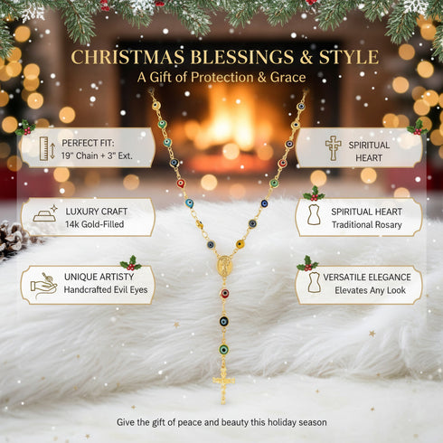 Gold rosary necklace with multicolored beads and Turkish evil eye charms; festive backdrop with Christmas decor, fireplace, and gifts.